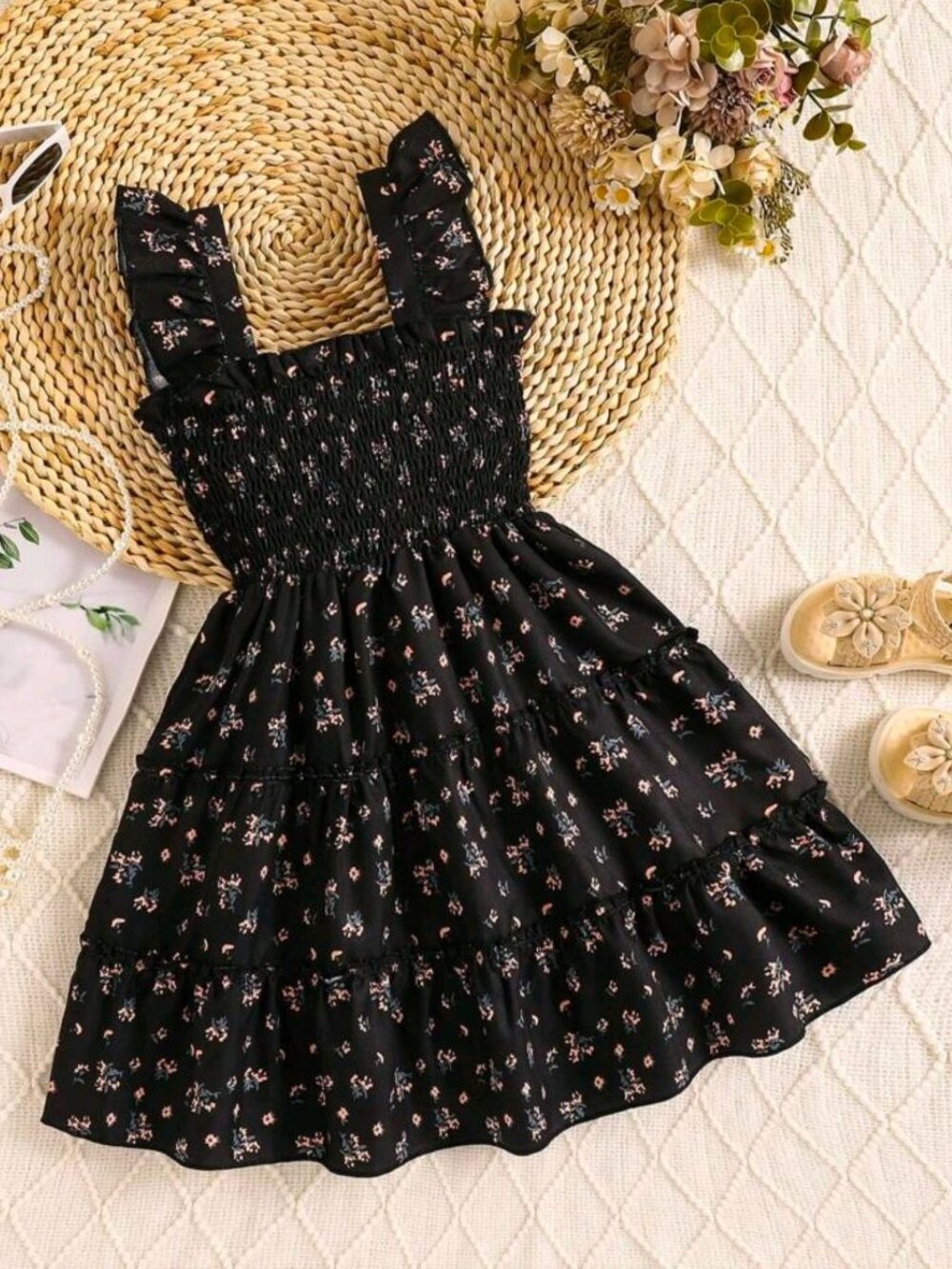 Elladie Kids ✦ Ditsy Floral Sundress ✦ Smocked Ruffle Strap A‑Line Black 5Y NWT - Picture 2 of 9